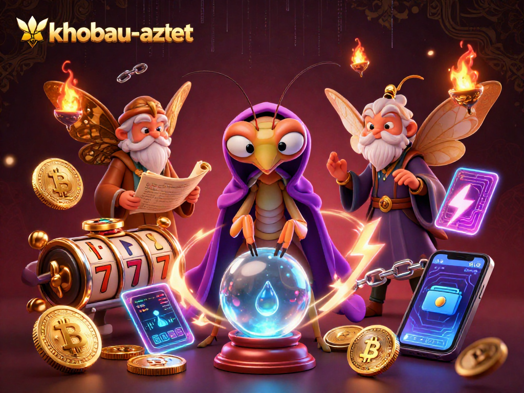 Engage in thrilling gameplay of khobau-aztec with vibrant slot reels and crypto elements.