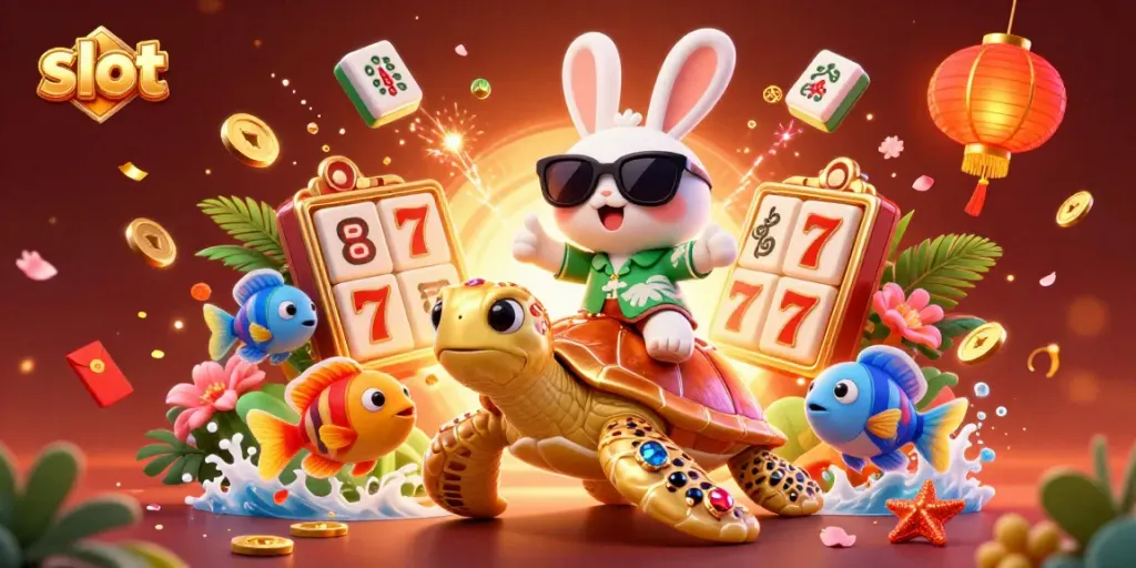 Experience the thrill of slot games with a lucky rabbit and sea turtle in this vibrant casino-themed illustration.