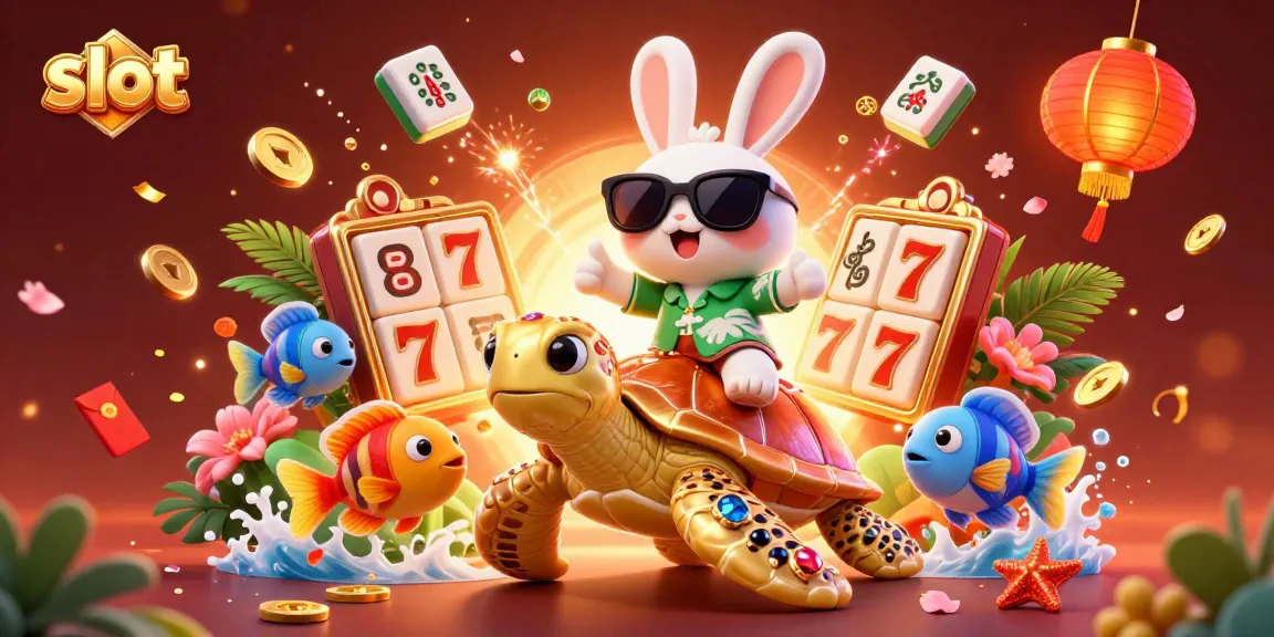 Experience the thrill of slot games with a lucky rabbit and sea turtle in this vibrant casino-themed illustration.