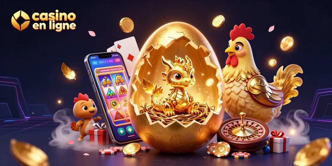 Casino en ligne : Un dragon d'or émergent d'un œuf géant, entouré de jetons et jeux.