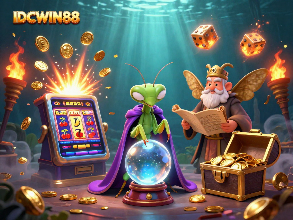Engage with IDCWIN88's vibrant casino experience featuring luck and adventure in a mystical illustration.
