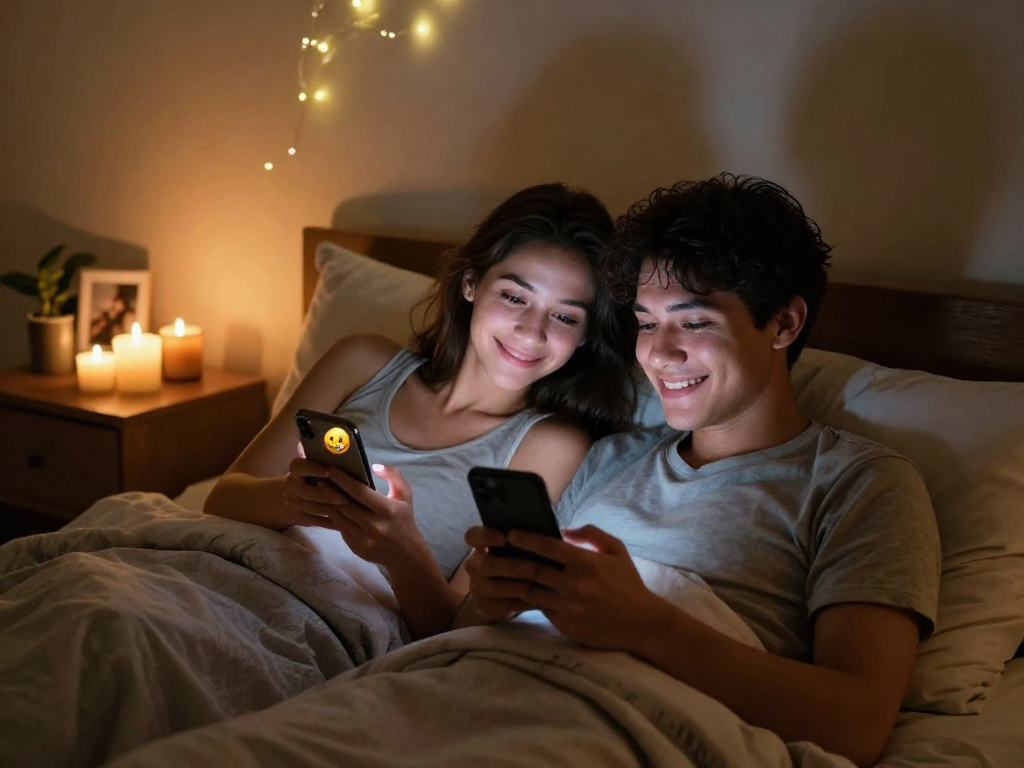 Couple enjoying ai sexting in cozy bedroom, surrounded by warm lighting and personal touches.
