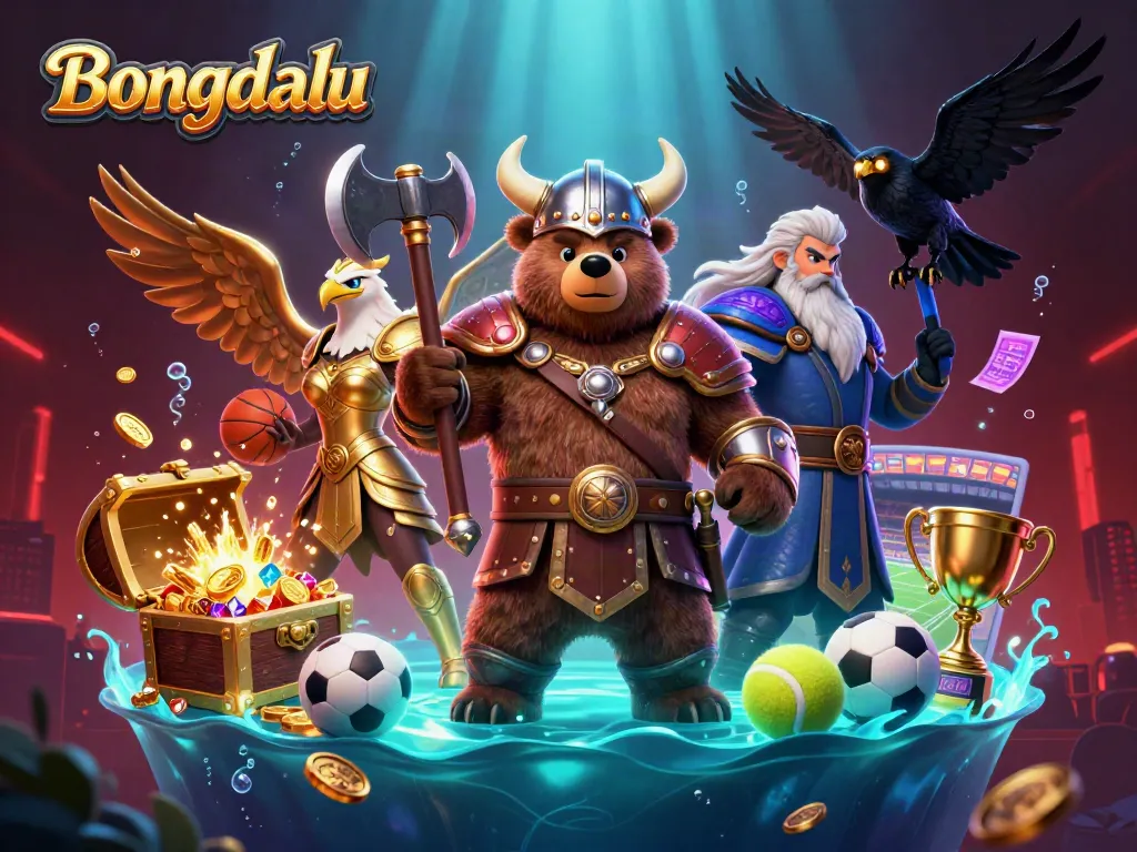 Bongdalu dynamic sports betting scene with Viking bear, Valkyrie eagle, and trophies amidst rich gaming elements.