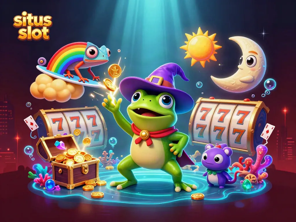Gulungan slot berputar dengan karakter ajaib menciptakan hujan koin emas, gambar situs slot yang menarik.