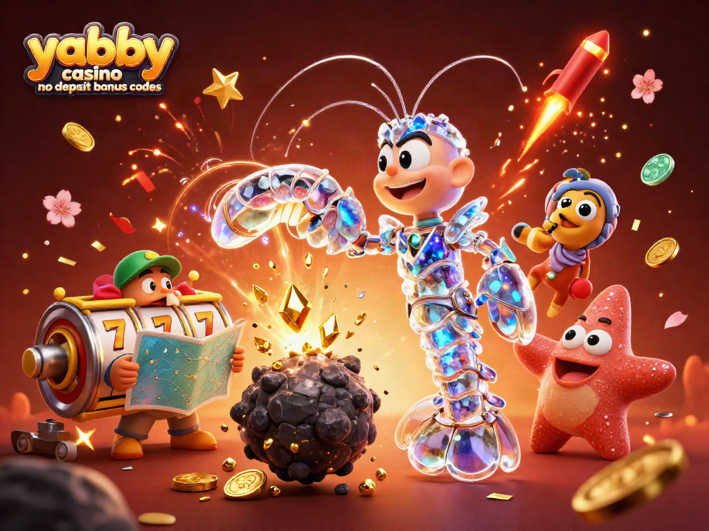 Win with Yabby Casino no deposit bonus codes in this vibrant 3D slot-themed scene featuring energetic characters and festive elements.