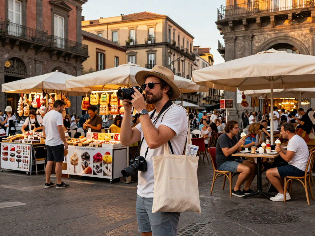 Traveler capturing vibrant cultural moments in Naples, Italy, while enjoying local culinary delights from lavowin.
