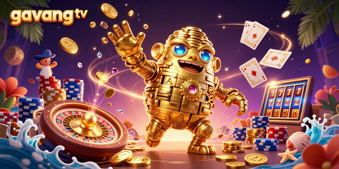 Experience the excitement of gambling with gavang tv's vibrant scene showcasing a golden golem, roulette, and poker