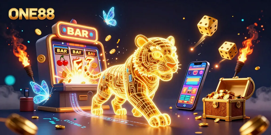 Experience the vibrant energy of ONE88 with a golden tiger and exciting casino elements in 3D