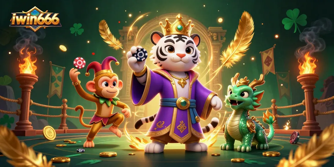 Engage with the magical world of iwin666, featuring a majestic white tiger and golden monkey in a vibrant casino scene.