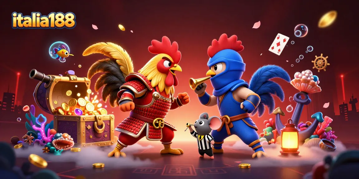 Italia188 menyajikan ilustrasi 3D ayam jantan bertarung di arena kasino dengan elemen menarik dan warna cerah.