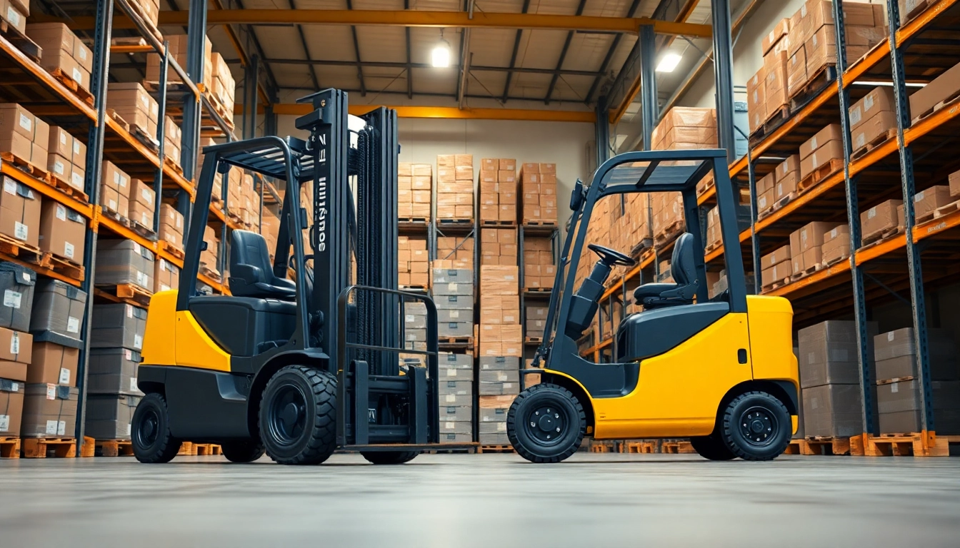 Showcasing a forklift efficiently lifting pallets in a bright warehouse environment.