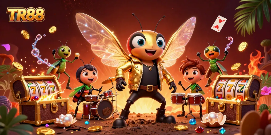 TR88 casino scene featuring a cartoon rock star with a golden jacket surrounded by playful game elements.
