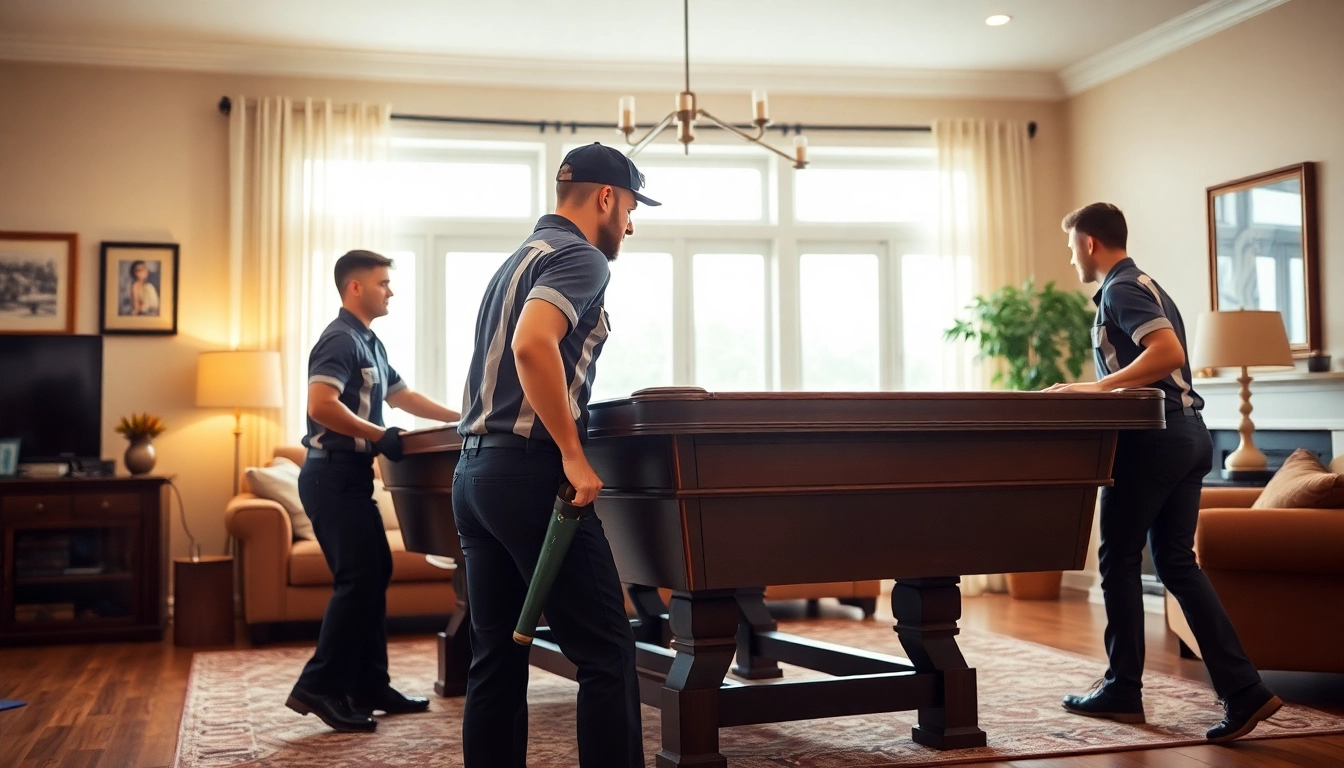 Expert pool table movers dallas safely relocating a pool table in a stylish living room.
