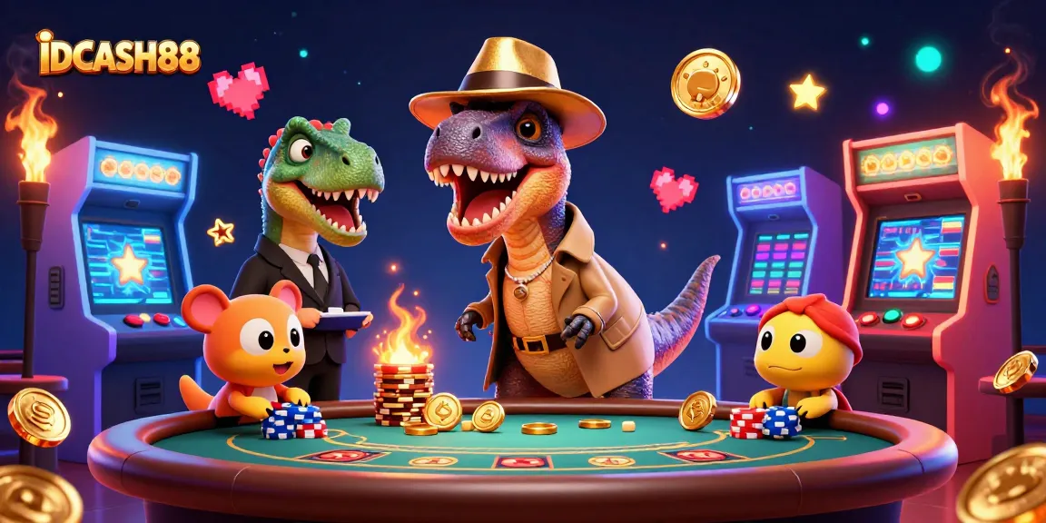 Experience thrilling gaming at IDCASH88 with a velociraptor card counter at a blackjack table, illuminated by vibrant arcade elements.