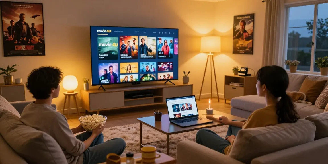 Cozy movie night at home with movie 4u streaming shown on TV.