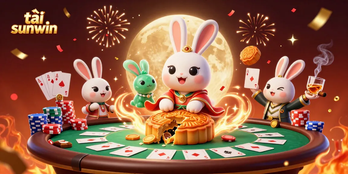 Play and win with tải sunwin in this vibrant casino scene featuring a moon rabbit character.