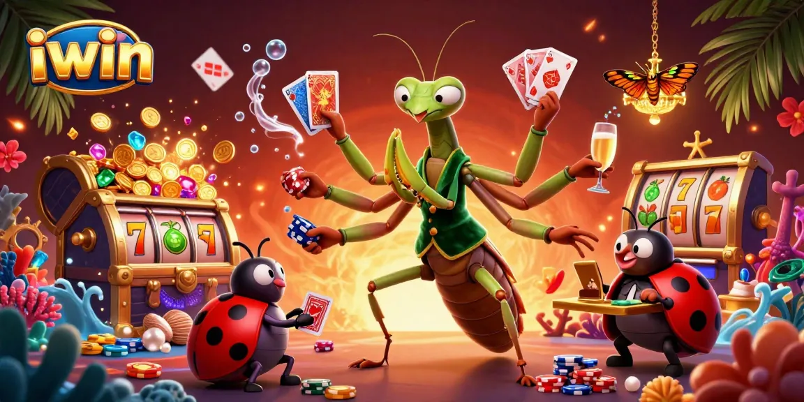 Experience the thrill of iwin with a vibrant, immersive casino scene featuring a giant mantis dealing cards.