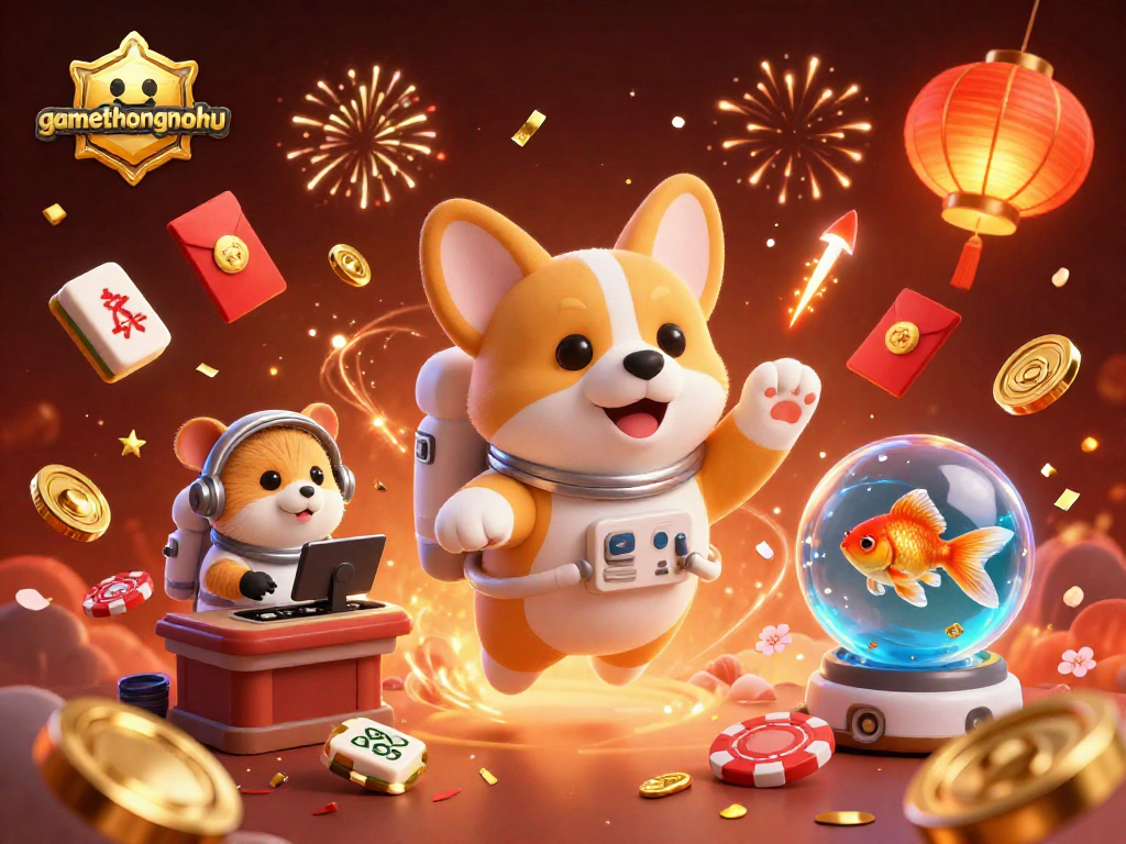 Engaging in thrilling gaming with gamethuongnohu, a 3D cartoon scene featuring playful elements from a space casino.