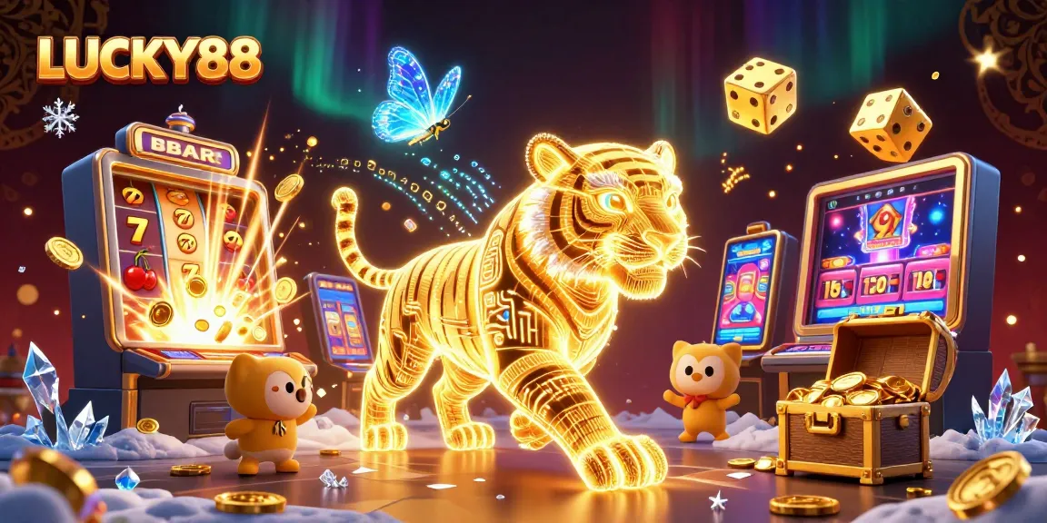 Experience LUCKY88 in this vibrant casino scene with a neon tiger and jackpot excitement.