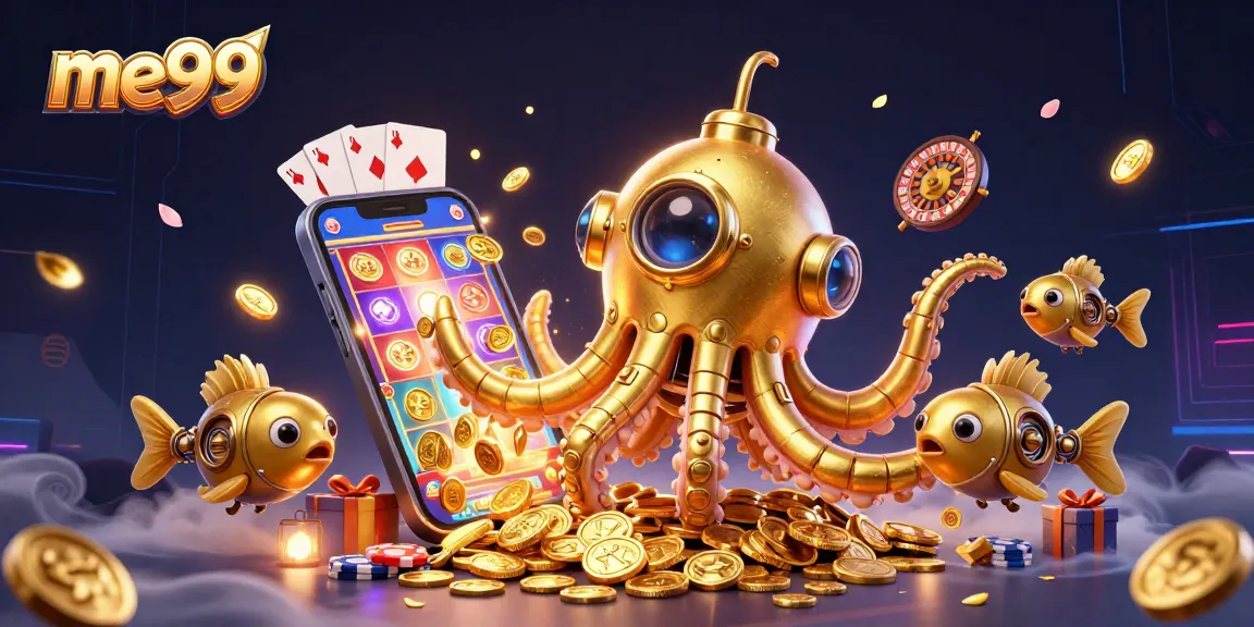 Engage with me99’s thrilling world as a kraken submarine surfaces amid gold coins, slot games, and poker!