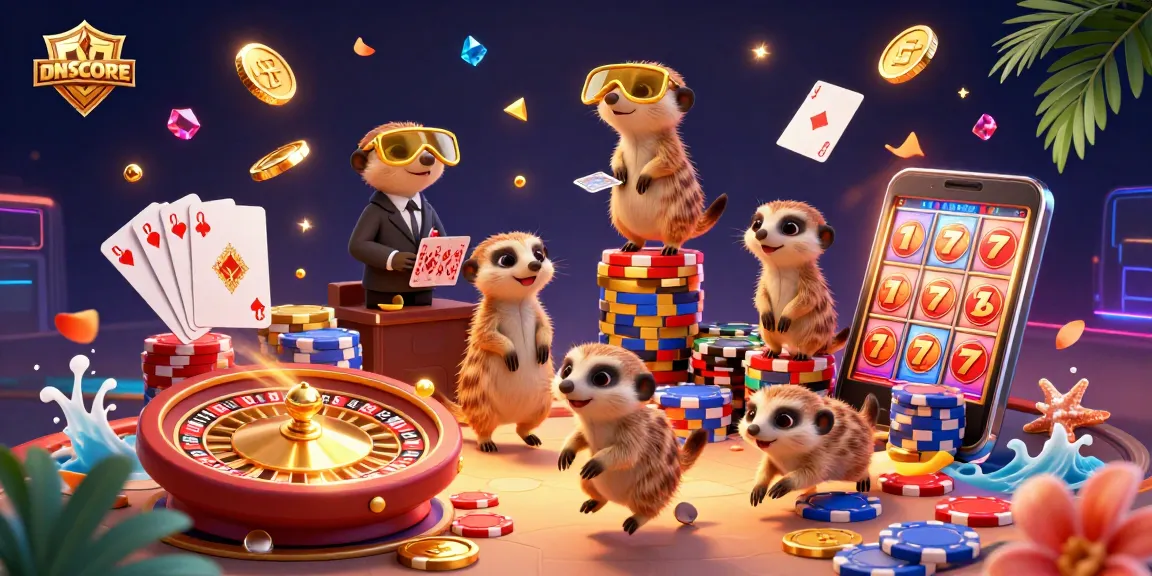 IDNSCORE showcases lively meerkats engaging in slot games within a dynamic casino environment.