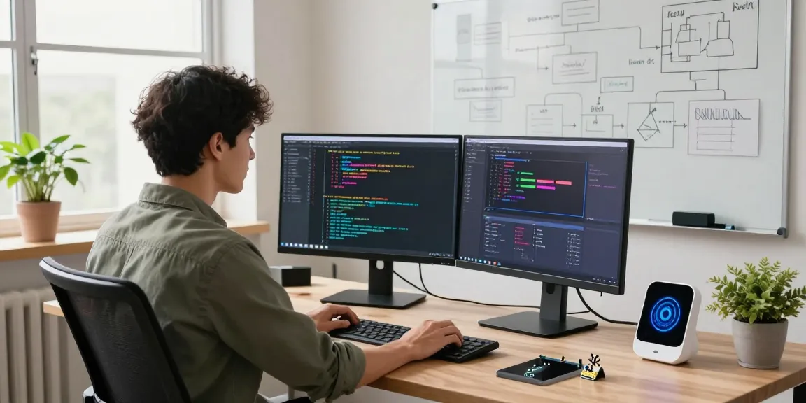 Build internal tools with AI in a modern workspace with coding setup and collaborative elements.