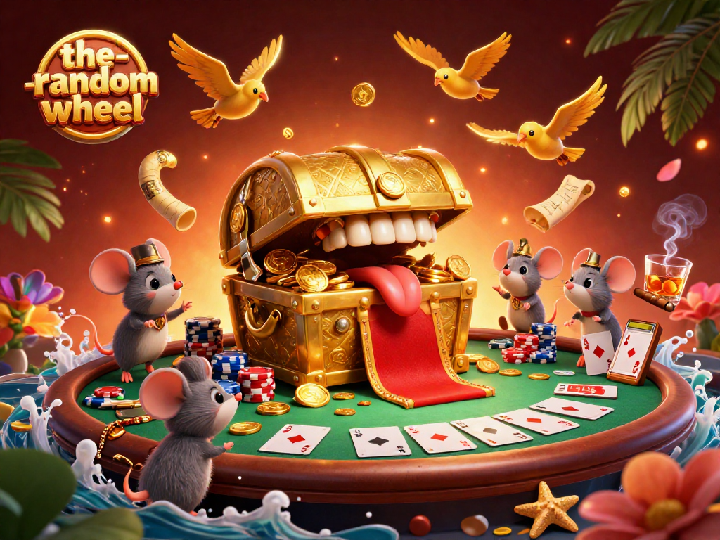 Engage with the-random-wheel's thrilling gaming adventure featuring a treasure chest and vibrant casino elements.