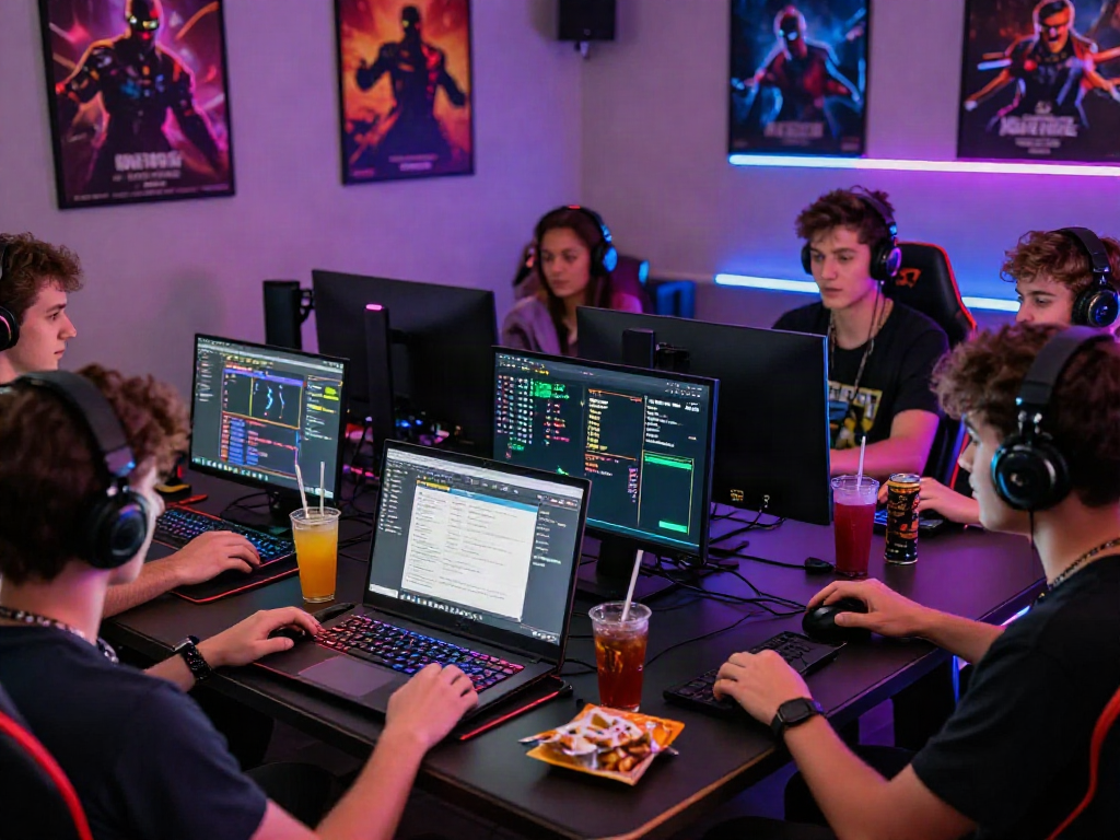 Friends excitedly playing Daftar Dewatogel in a vibrant online gaming setup with colorful monitors and snacks.