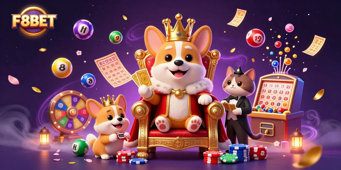 Win big with F8BET in this vibrant, engaging online casino illustration featuring a royal corgi.