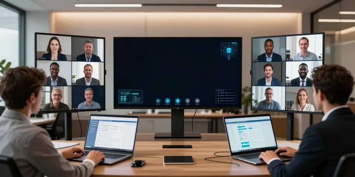 Deepfake-protected meetings in a modern office with diverse professionals collaborating through video technology.