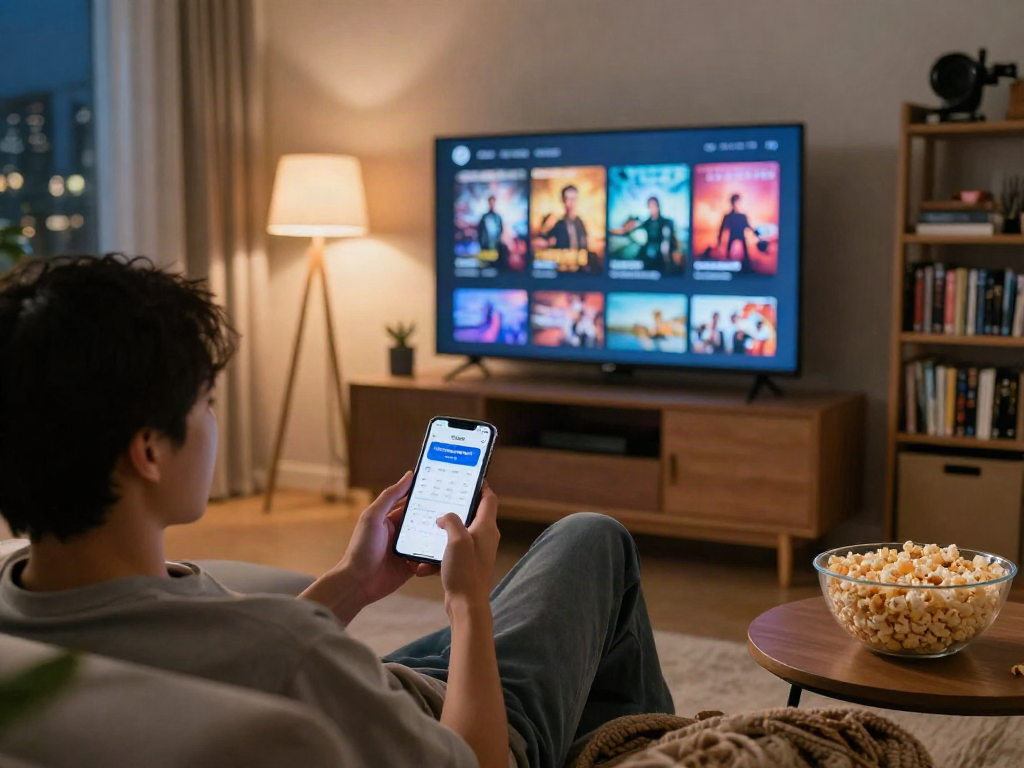 Explore the Moviebox apk in a cozy living room scene, engaging in digital entertainment.