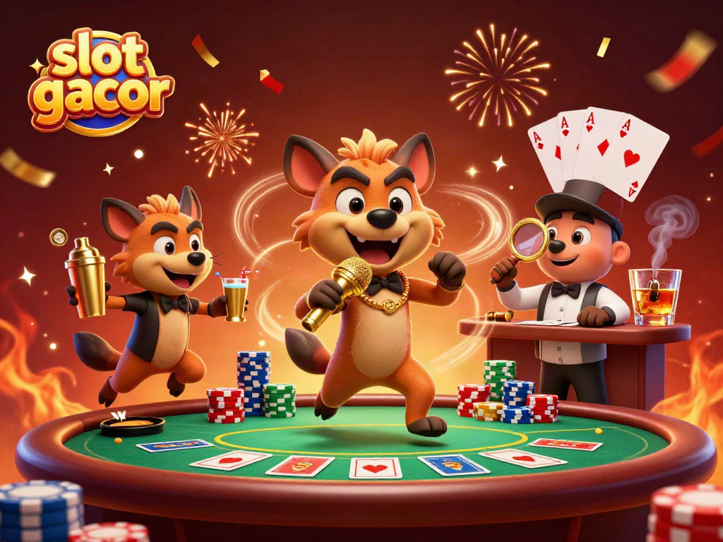 Slot gacor menyajikan suasana kasino dengan hyena kartun melakukan komedi di latar belakang yang dinamis.