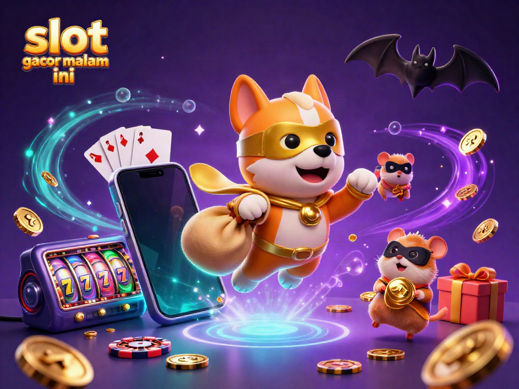 Simbol poker chip di langit dengan superhero anjing dan hamster memegang koin emas, menciptakan suasana slot gacor malam ini.