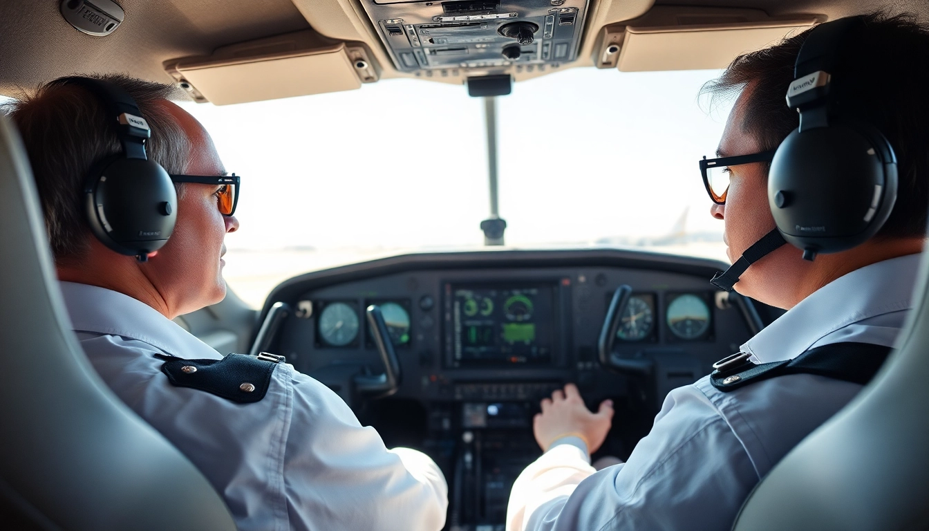 Pilot license training near me with a student and instructor in a flight simulator cockpit.