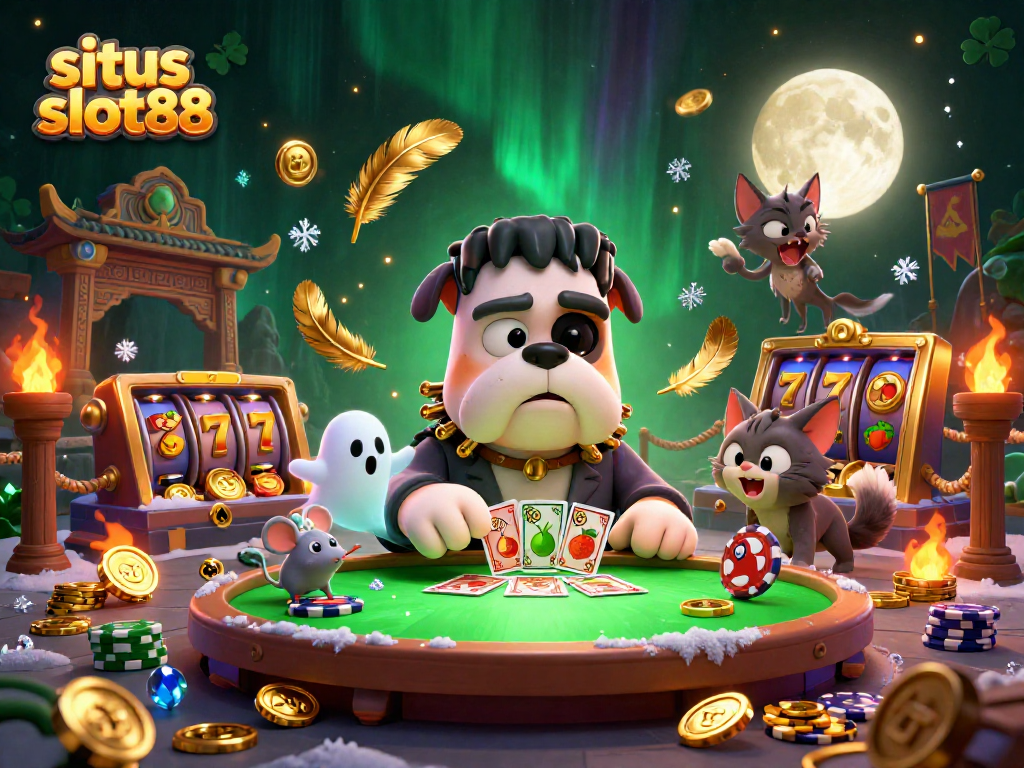 Experience the excitement of situs slot88 with a lively 3D illustration of a cartoon bulldog dealer and playful creatures at a slot table.