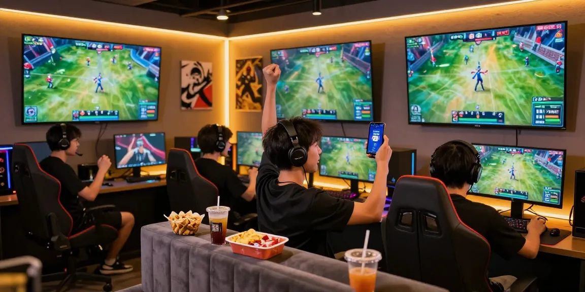 Pengguna aplikasi glowing88 merayakan kemenangan di lounge gaming bersama teman-temannya.