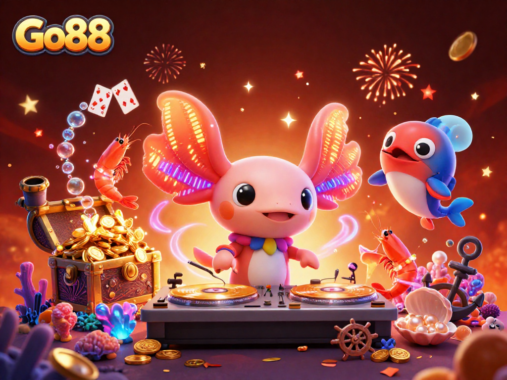 Engage with Go88's colorful 3D casino scene, featuring a vibrant DJ axolotl and animated characters.