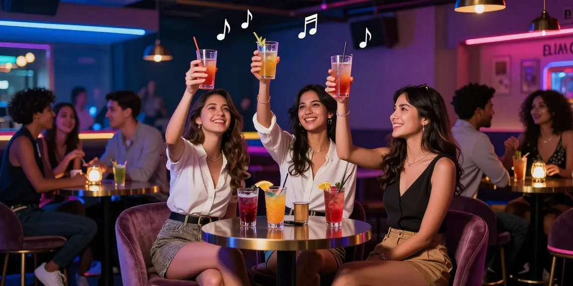 Friends celebrating at a lively 유흥사이트 lounge with cocktails, vibrant atmosphere, and chic decor.