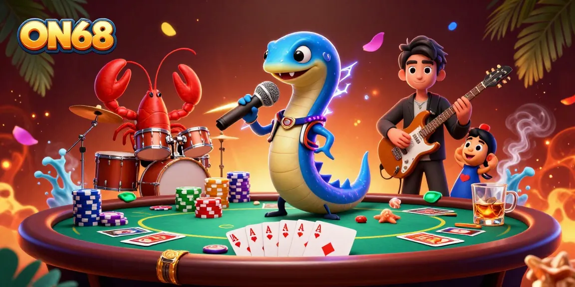 Experience the excitement of ON68 with this vibrant casino illustration featuring electric eel DJs and lively characters.