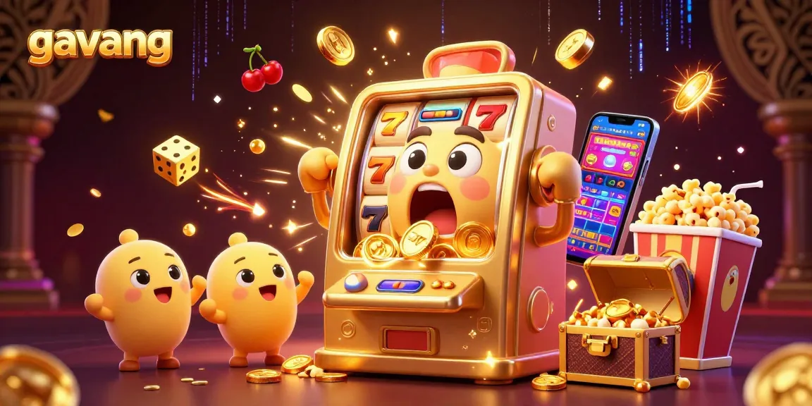 Experience the thrill of the gavang slot machine jackpot as coins erupt, surrounded by cheering slots and festive elements.
