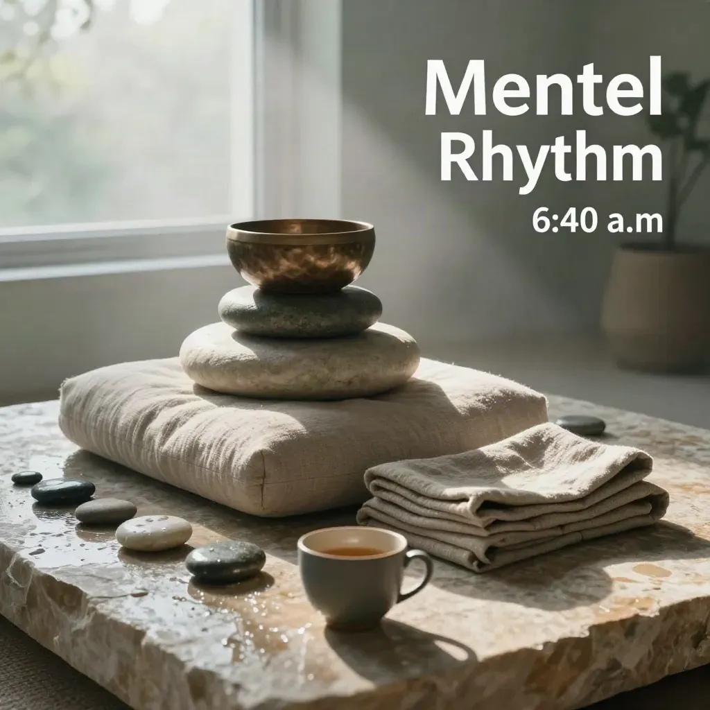 Rainy dawn wellness still life with bolster, singing bowl, linen, stones and tea mug.