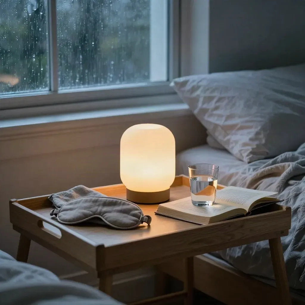 Sleep wind-down bedside tray with mask, lamp, book, and water beside rumpled bedding