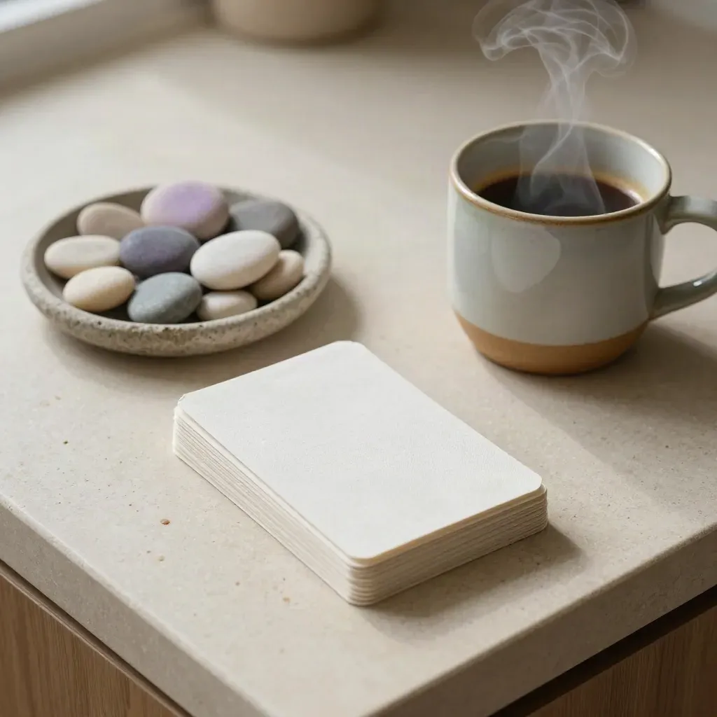 Top-down morning mood cards, stone pebbles, and a half-finished coffee mug with steam