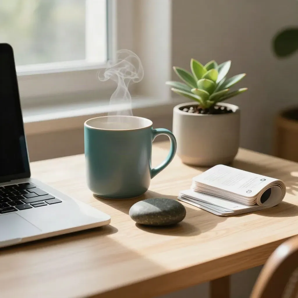 Closed laptop, mug, plant, cards, and breath stone on a pale desk in soft daylight.