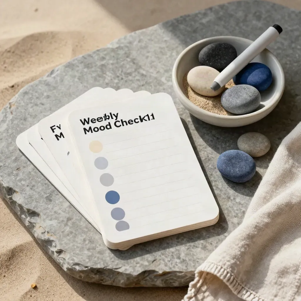 Overhead flat lay of mood cards, a ceramic pebble dish, and folded linen on stone in soft morning light.