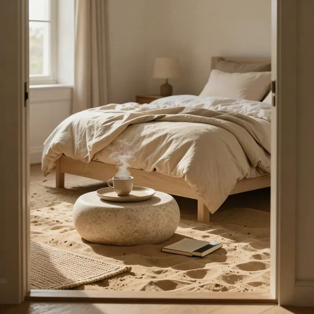 Warm bedroom reset scene with duvet, tea tray, journal, and mat by an ottoman.