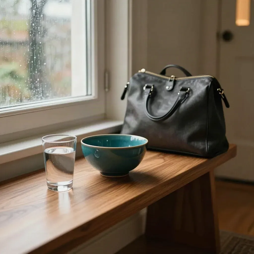 Entryway bench with water glass, teal breathing bowl, and bag in rainy morning light.