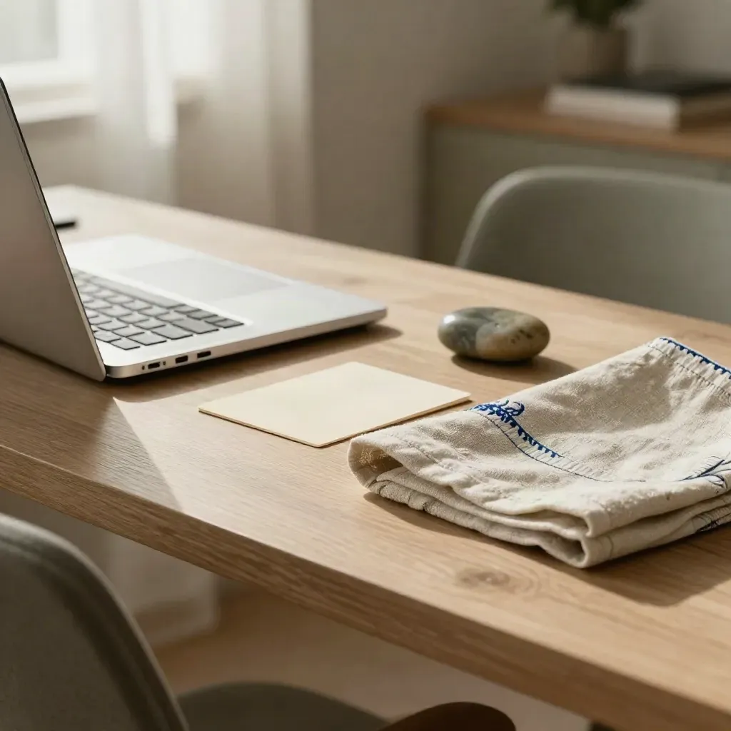Closed silver laptop beside a calm card, river stone, and folded linen on a quiet office desk.