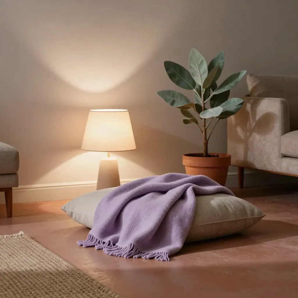 Floor-level living room corner with blanket, cushion, dim lamp, and plant by pale plaster.