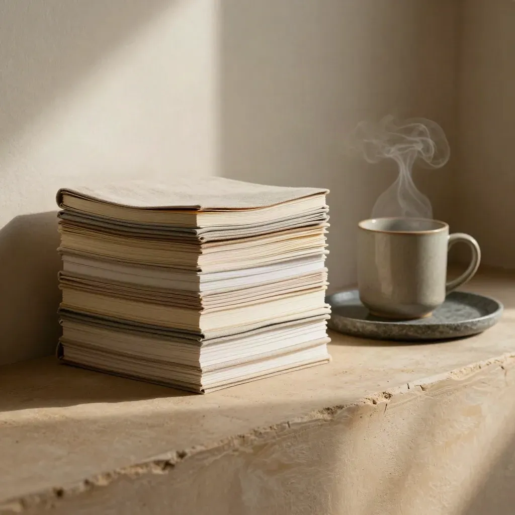 Steam rises from a mug beside stacked notebooks and folded notes on a stone tray in a moody nook.